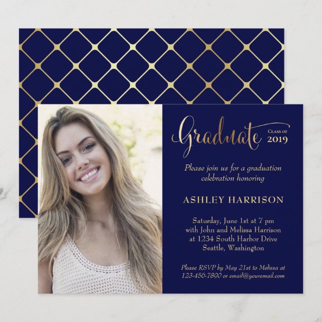 Modern Gold Navy Blue Photo Graduation Party Invitation (Front/Back)