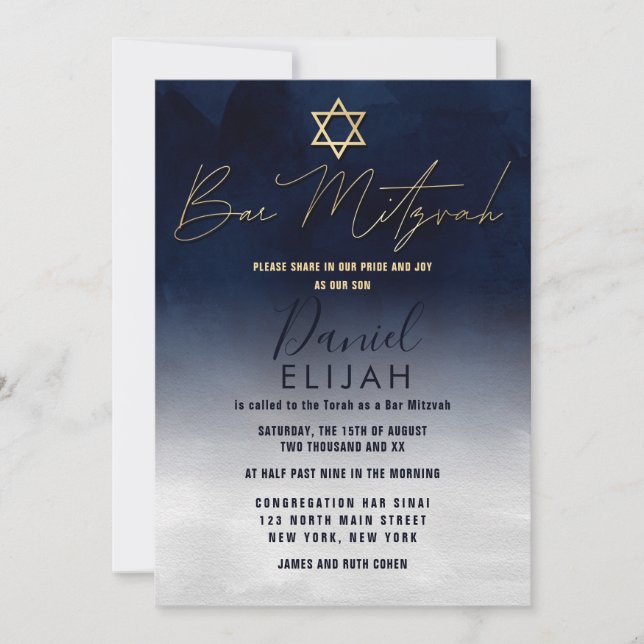 Modern Gold Navy Blue White Watercolor Bar Mitzvah Invitation (Front)