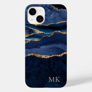 Modern Gold & Navy Marble Agate Monogram Case-Mate iPhone 14 Case