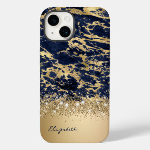 Modern Gold Navy Marble Faux Glitter Monogram Case-Mate iPhone 14 Case