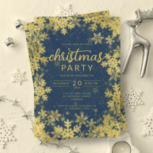 Modern Gold Navy Snowflakes Company Christmas Invitation