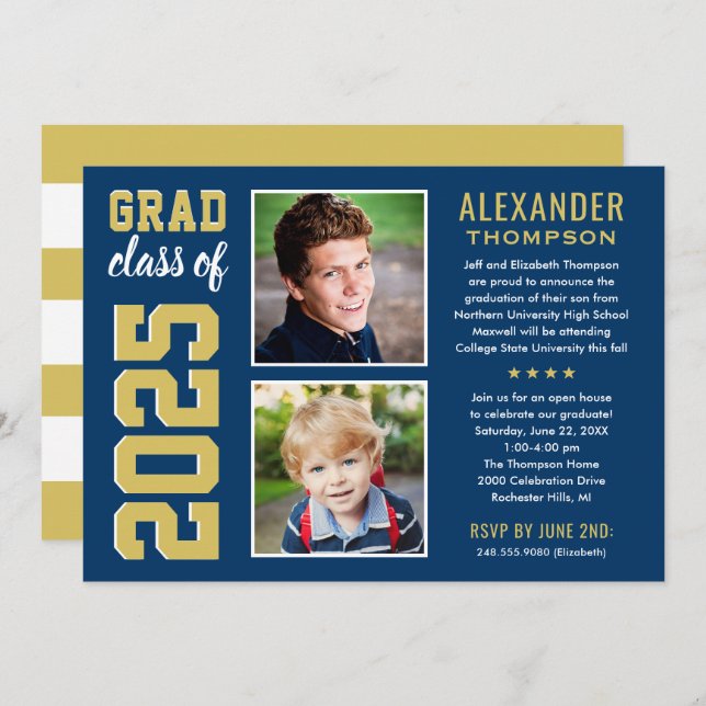Modern Gold Navy Two Photo Graduation Party Invitation (Front/Back)