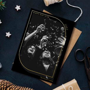 Modern gold new year overlay photo chic black foil holiday card