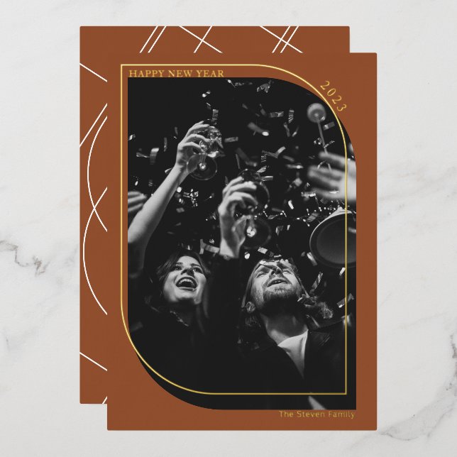 Modern gold new year overlay photo terracotta foil holiday card (Front/Back)