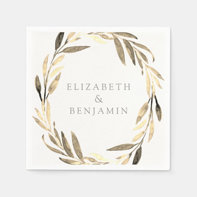 Modern Gold Olive Leaf Wreath Garden Wedding Napkin (Front)