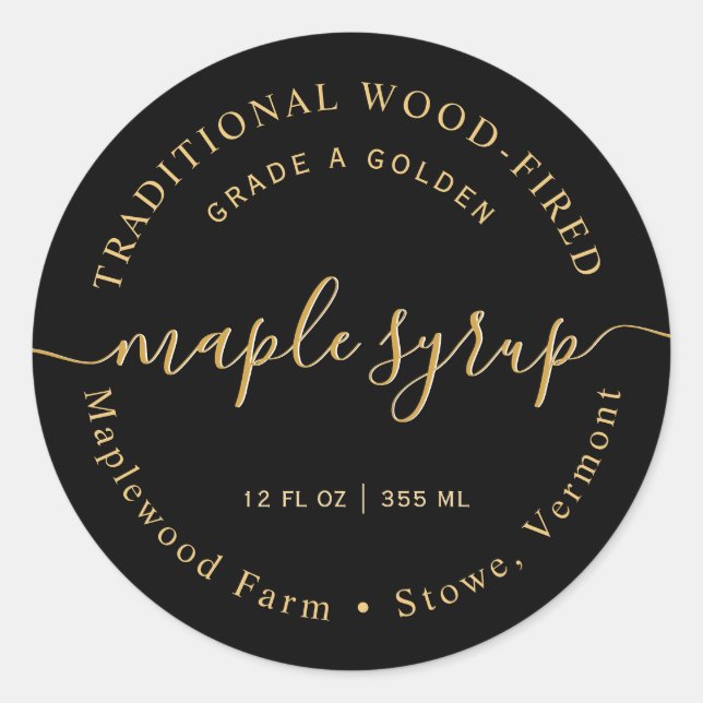 Modern Gold on Black Maple Syrup Label (Front)