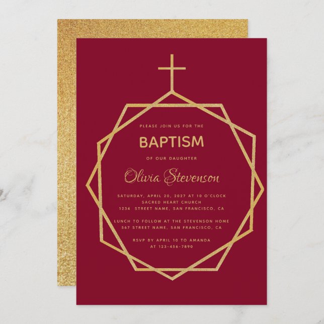 Modern Gold on Burgundy Red Geometric Girl Baptism Invitation (Front/Back)