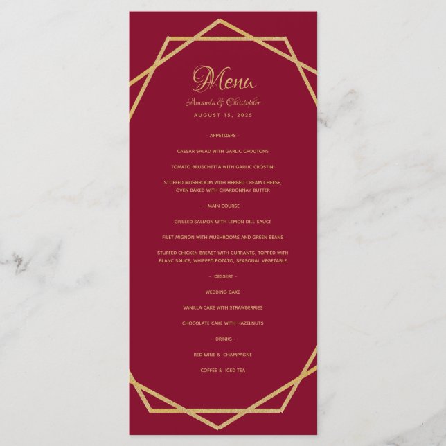 Modern Gold on Burgundy Red Geometric Wedding Menu (Front)