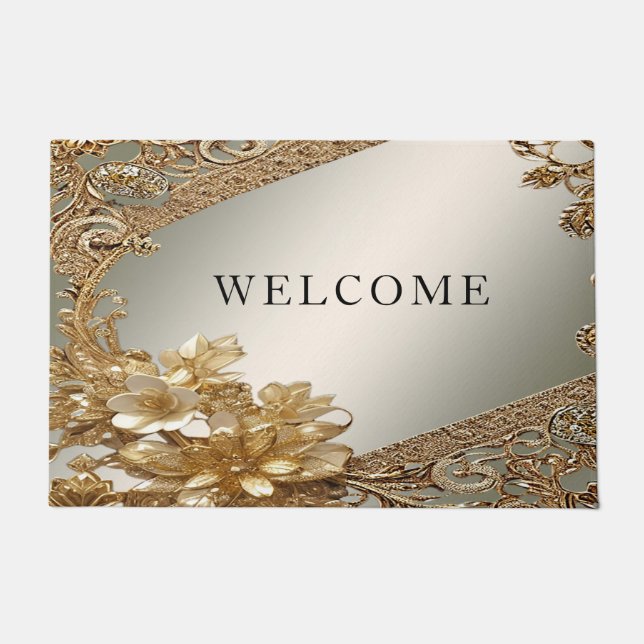 Modern Gold Ornate Floral Doormat (Front)
