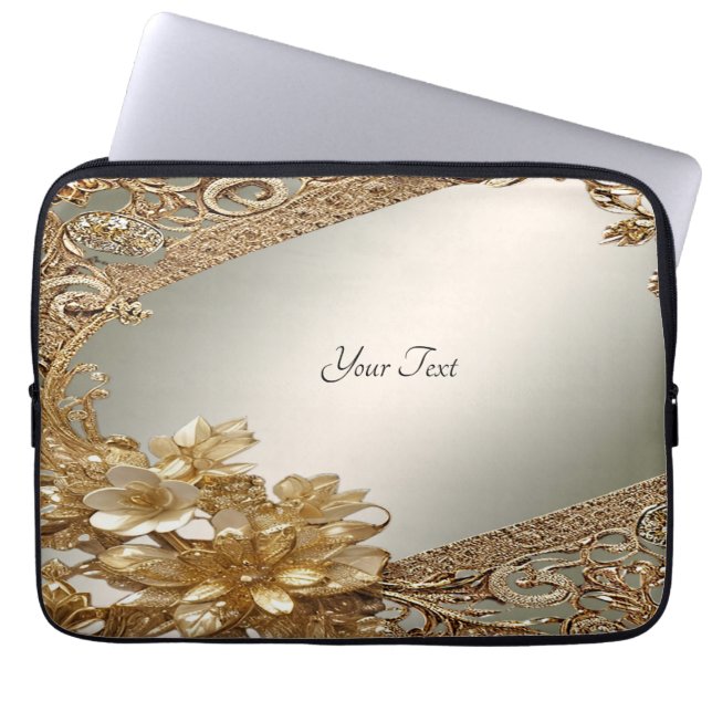 Modern Gold Ornate Floral Laptop Sleeve (Front)
