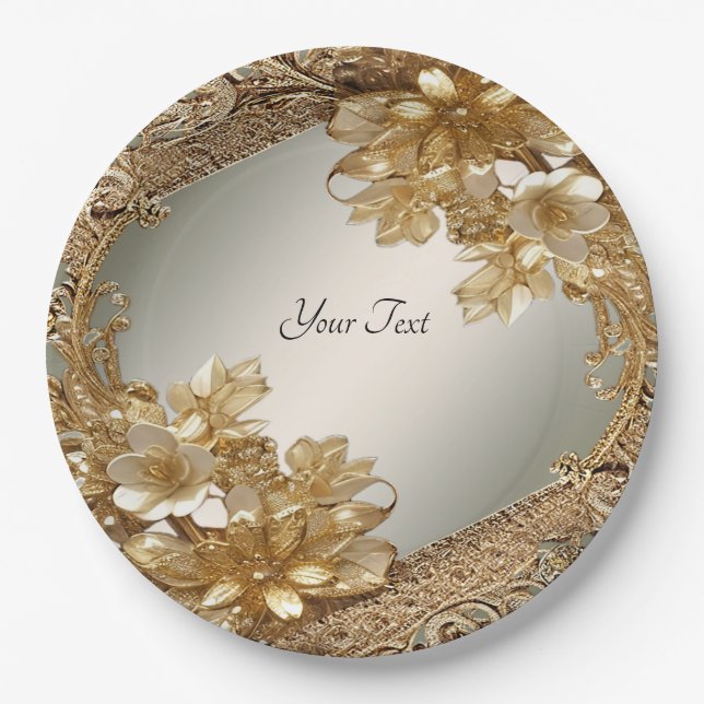 Modern Gold Ornate Floral Paper Plate (Front)