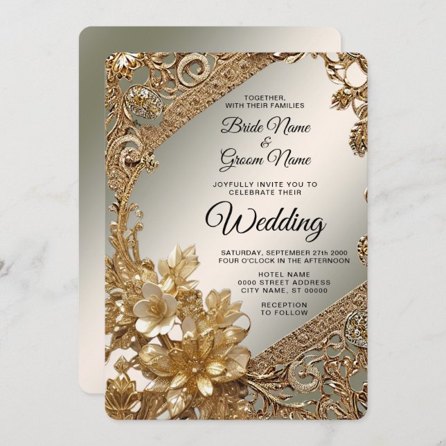 Modern Gold Ornate Floral Wedding Invitation (Front/Back)