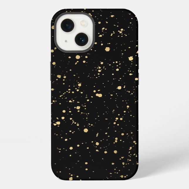 Modern Gold Paint Splatter Pattern on Black iPhone Case (Back)