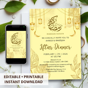 Modern Gold Palm Leaf & Crescent Iftar Dinner Invitation