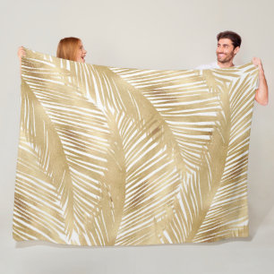 Modern Gold Palm Leaf Tropical Pattern Fleece Blanket