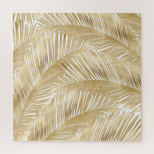 Modern Gold Palm Leaf Tropical Pattern Jigsaw Puzzle