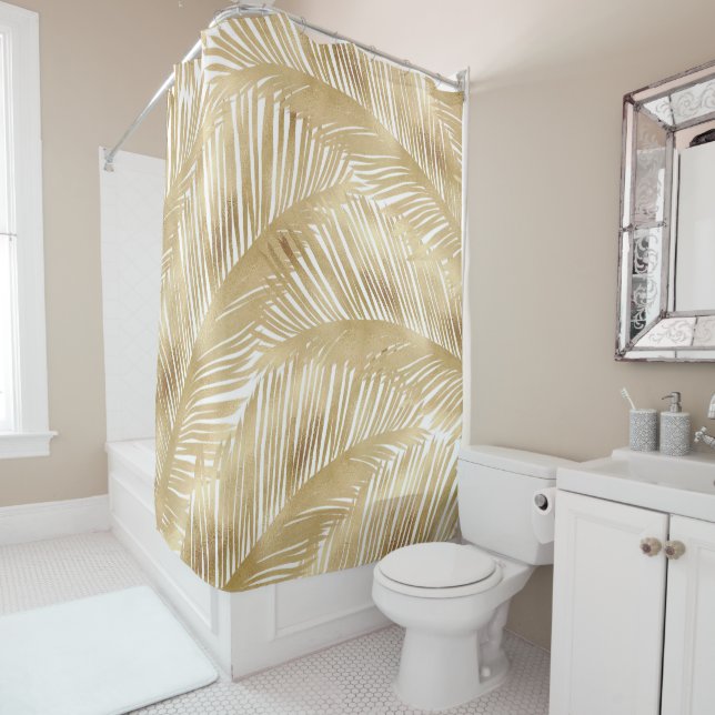 Modern Gold Palm Leaf Tropical Pattern Shower Curtain (In Situ)