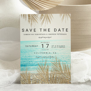 Modern gold palm tree beach photo save the date