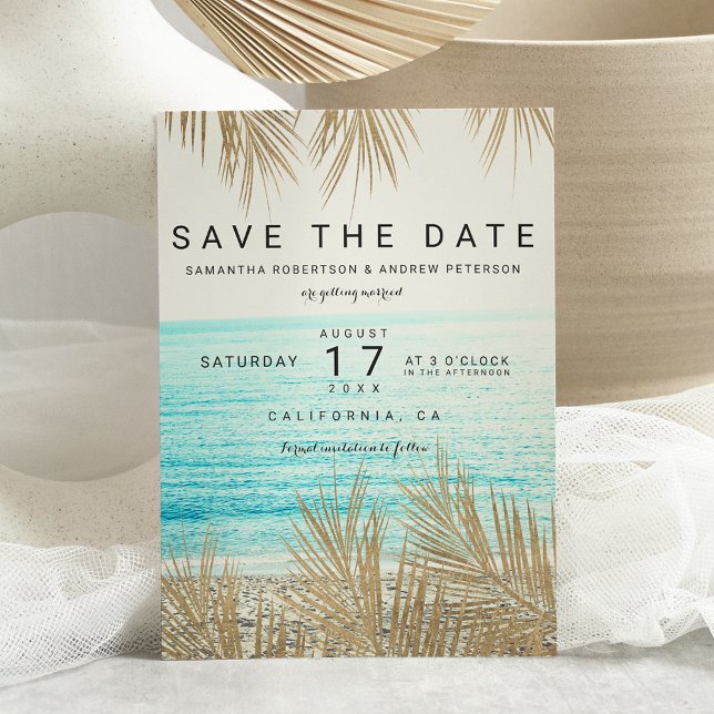 Modern gold palm tree beach photo save the date (Creator Uploaded)