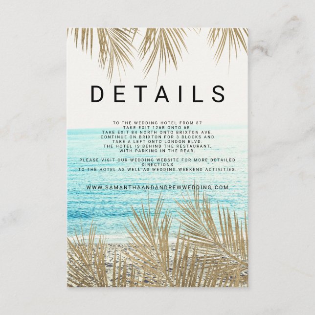 Modern gold palm tree beach photo wedding details enclosure card (Front)