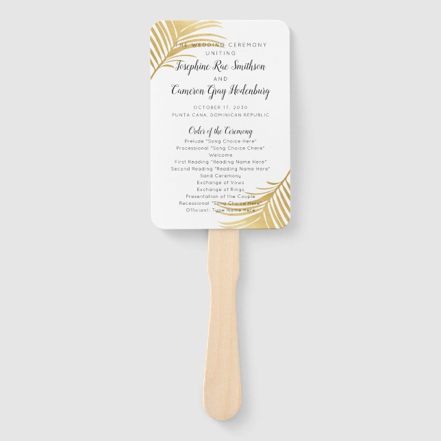 Modern Gold Palm Tree Beach Wedding Program Fan (Front)