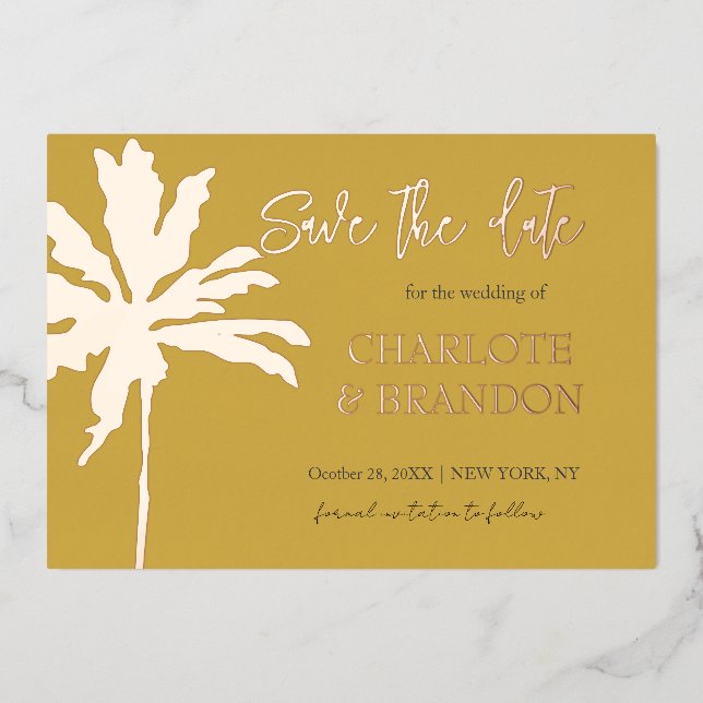 Modern Gold Palm Tree Beach Wedding Save The Date (Front)