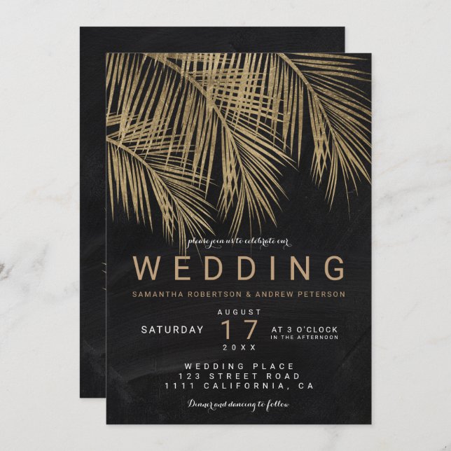 Modern gold palm tree chalkboard elegant wedding invitation (Front/Back)