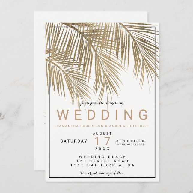 Modern gold palm tree elegant border wedding invitation (Front/Back)