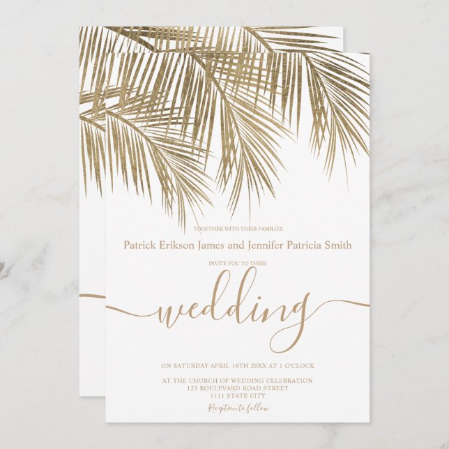 Modern gold palm tree elegant script wedding invitation (Front/Back)
