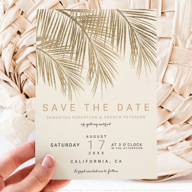 Modern gold palm tree ivory save the date (Creator Uploaded)
