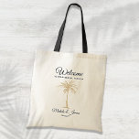 Modern Gold Palm Tree Wedding Welcome Tote Bag<br><div class="desc">Welcome your guests in style with this custom tote bag featuring a chic gold palm tree, your names, and wedding date—perfect for a beach or destination celebration. Designed for destination weddings, this personalised tote showcases a gold palm motif and stylish typography, and is ideal for holding wedding favours and beach...</div>