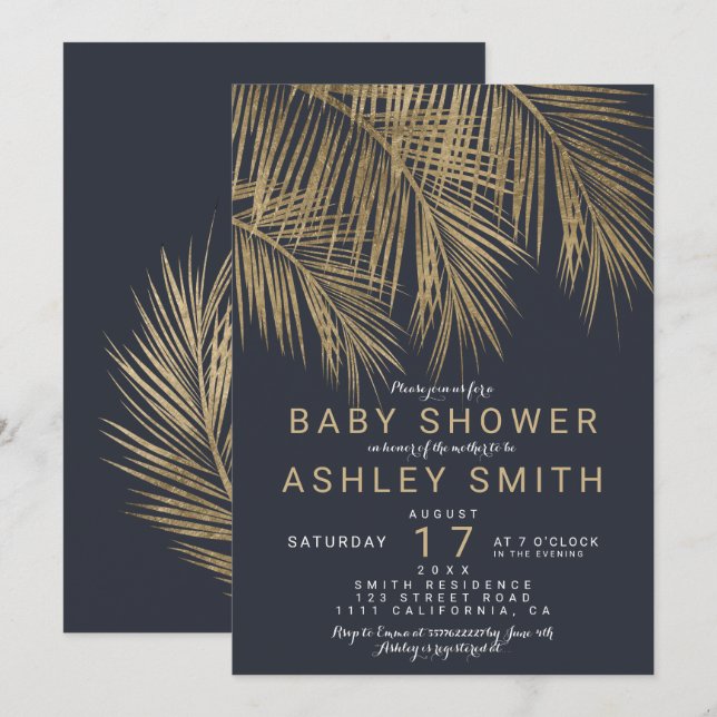Modern gold palm treenavy blue baby shower invitation (Front/Back)