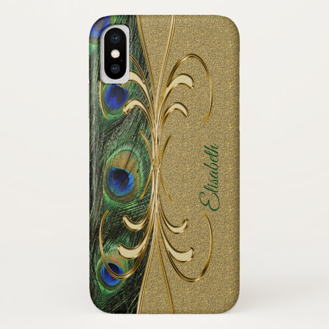 Modern Gold Peacock Feather Monogram Case-Mate iPhone Case (Back)