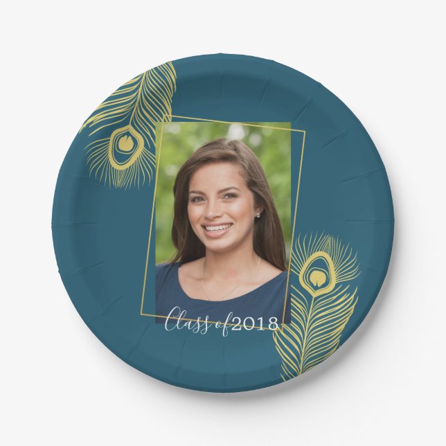 Modern Gold Peacock Graduation Paper Plates (Front)