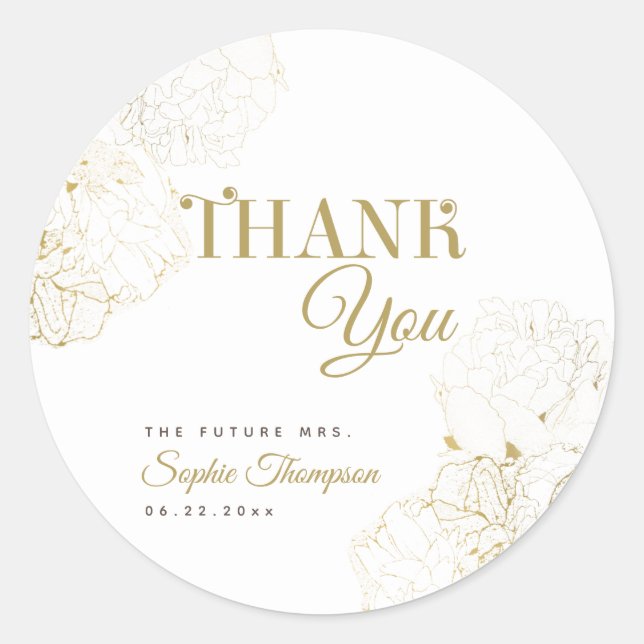 Modern Gold Peonies Floral Sketch Bridal Shower Classic Round Sticker (Front)