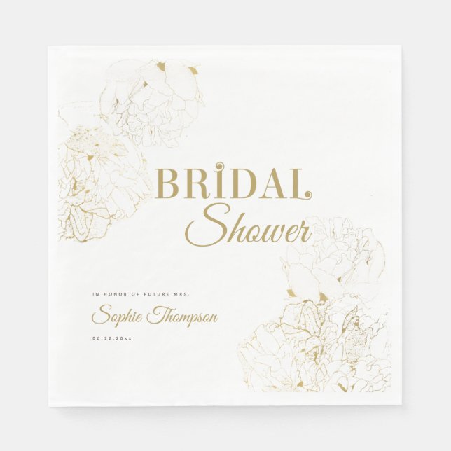 Modern Gold Peonies Floral Sketch Bridal Shower Napkin (Front)