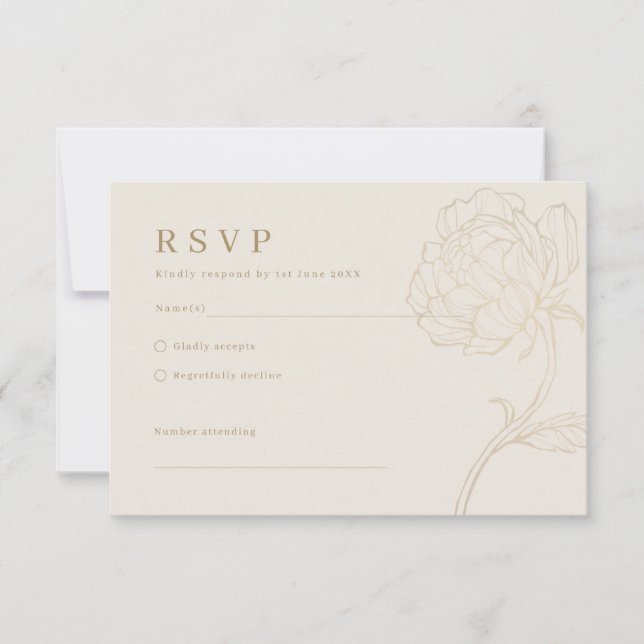 Modern gold peony line art wedding invitation (Front)