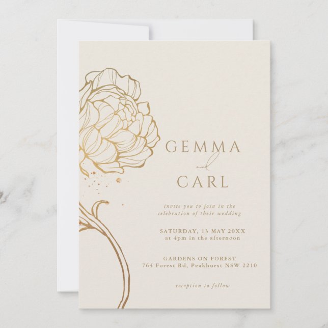 Modern gold peony line art wedding invitation (Front)