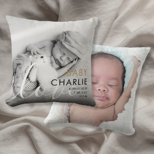 Modern Gold Photo Baby Birth Stats Announcement Cushion