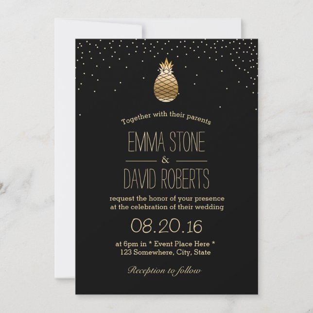 Modern Gold Pineapple & Confetti Dots Wedding Invitation (Front)