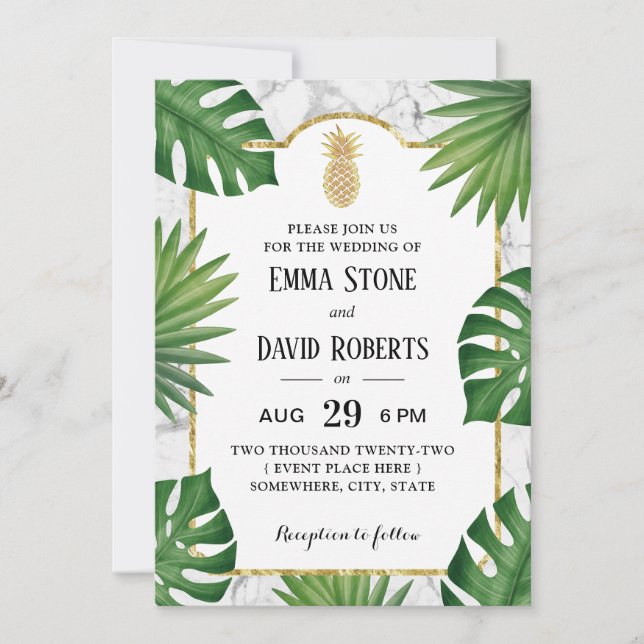 Modern Gold Pineapple Marble Tropical Wedding Invitation (Front)