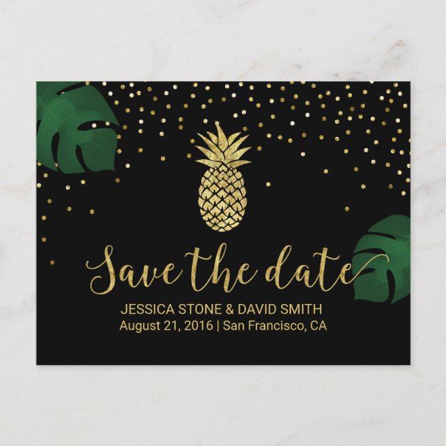 Modern Gold Pineapple Tropical Save the Date Announcement Postcard (Front)