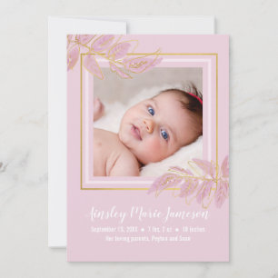 Modern Gold Pink Botanical Baby Girl Birth Announcement