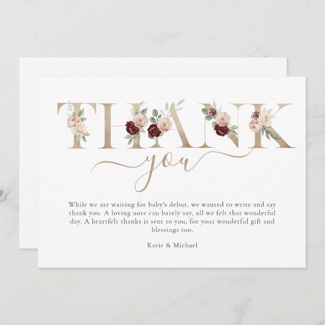 Modern Gold Pink Floral Baby Shower  Thank You Car (Front/Back)