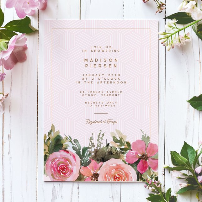 Modern Gold Pink Floral Roses Bridal Shower Invitation (Creator Uploaded)
