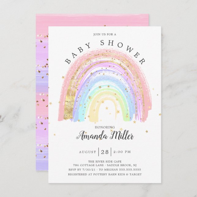 Modern Gold Pink Rainbow Baby Shower Invitation (Front/Back)
