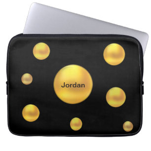 Modern Gold Polka Dots on Black Laptop Sleeve