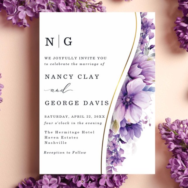 Modern Gold Purple Flowers Monogram Wedding Invitation (Creator Uploaded)