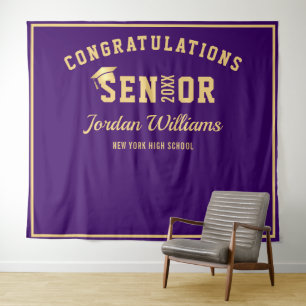 Modern Gold Purple Graduation Photo Booth Backdrop Tapestry