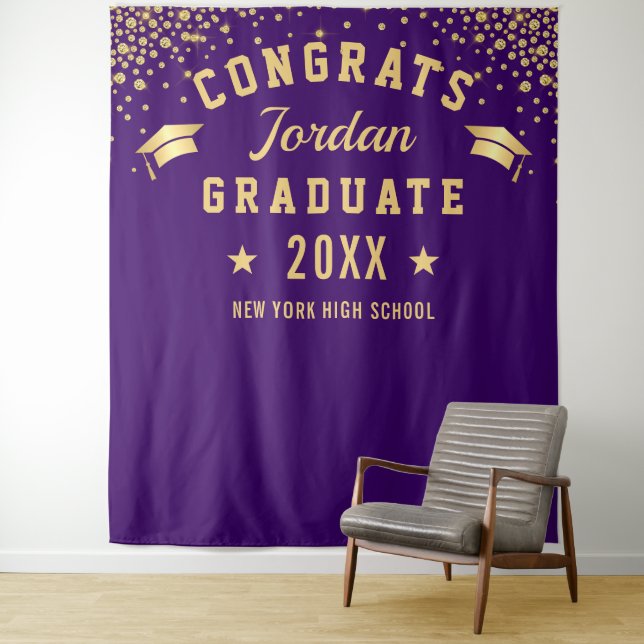 Modern Gold Purple Graduation Photo Booth Backdrop Tapestry (In Situ)